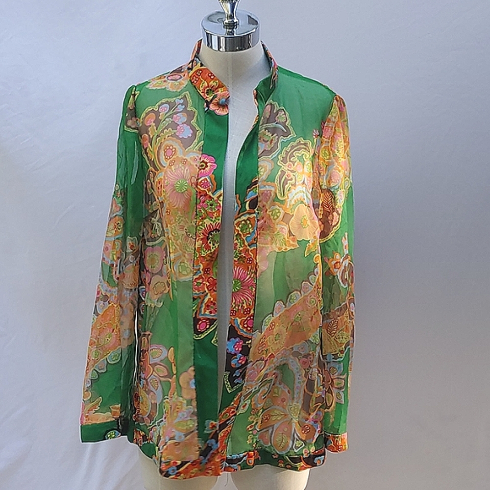 Vintage Lilly Rubin sheer jacket, Nehru collar, multicolor, split side, sz 14